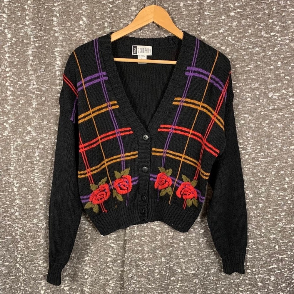 Vintage SK & Company Rose Embroidered Knit Cardigan Sweater Women's Large